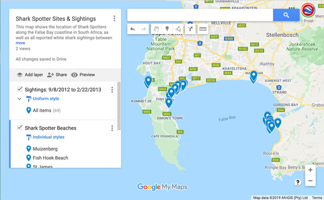 Sgrinlun o enghraifft o ddefnyddio Google Maps i ddangos data "Shark Spotter Sites and Sightings"