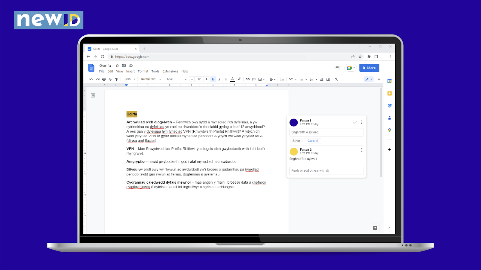 Sgrinlun o 'comments' a 'track changes' ar ddogfen Google Docs