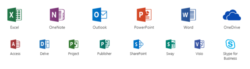 Llun o raglenni Microsoft Office. Testun yn darllen "Excel, OneNote, Outlook, PowerPoint, Word, OneDrive, Access, Delve, Project, Publisher, SharePoint, Sway, Visio, Skype for Business"