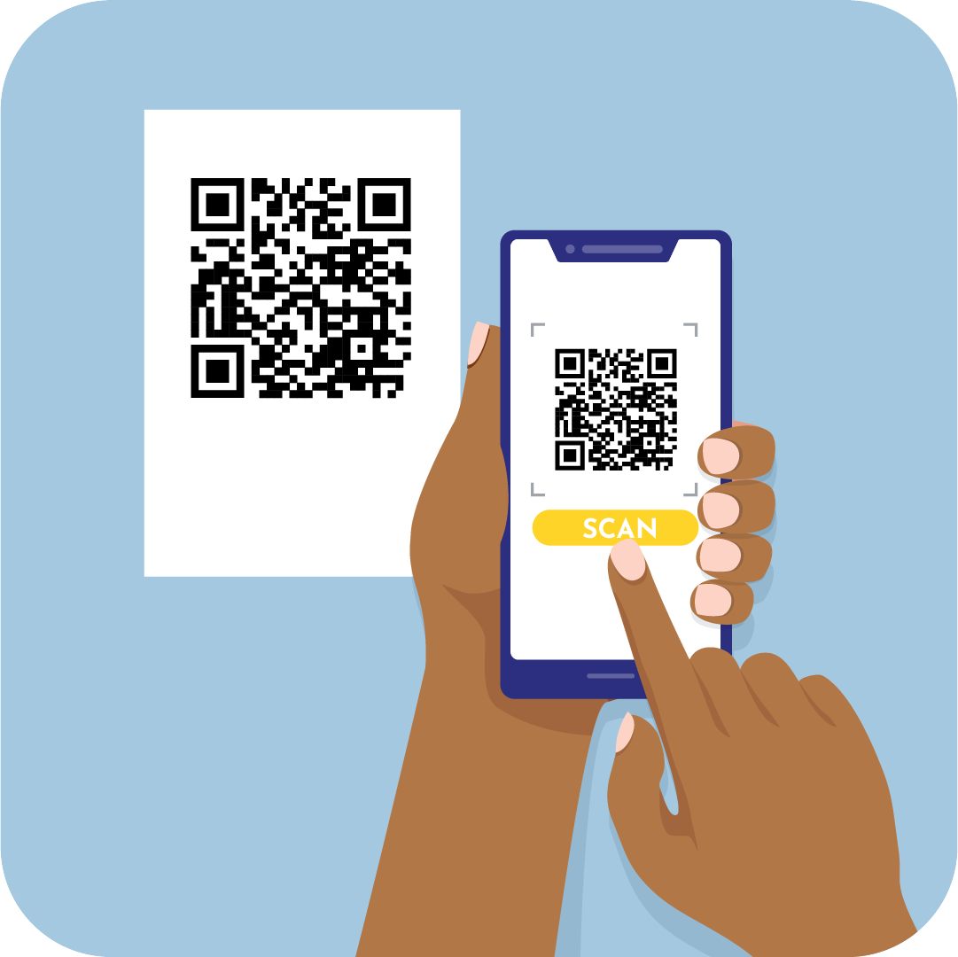 Graphic showing a mobile phone scanning a QR code