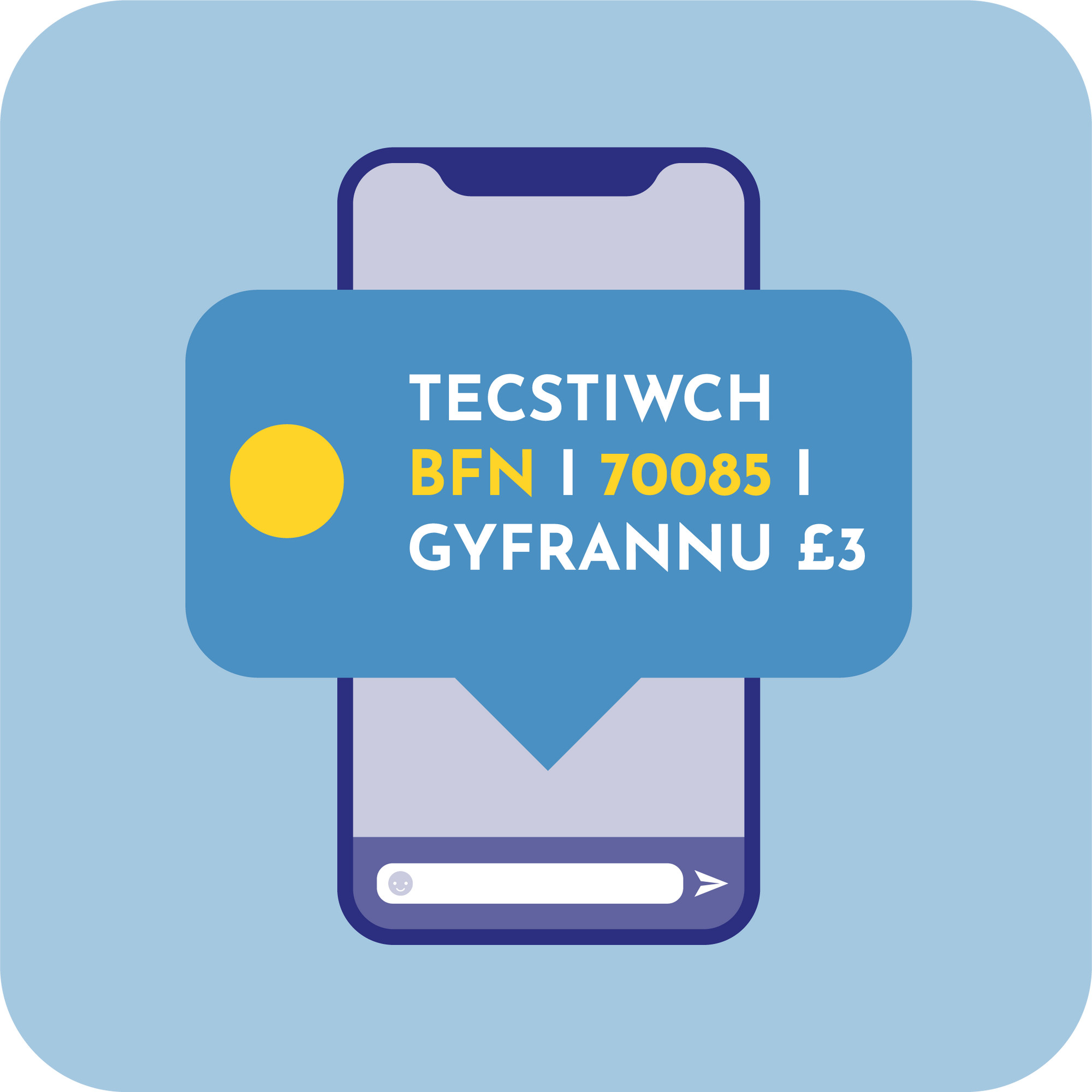 Graffeg o ffôn symudol yn dangos enghraifft o rhoi trwy neges destun. Testun yn darllen "Tecstiwch BFN i 70085 i gyfrannu £3"