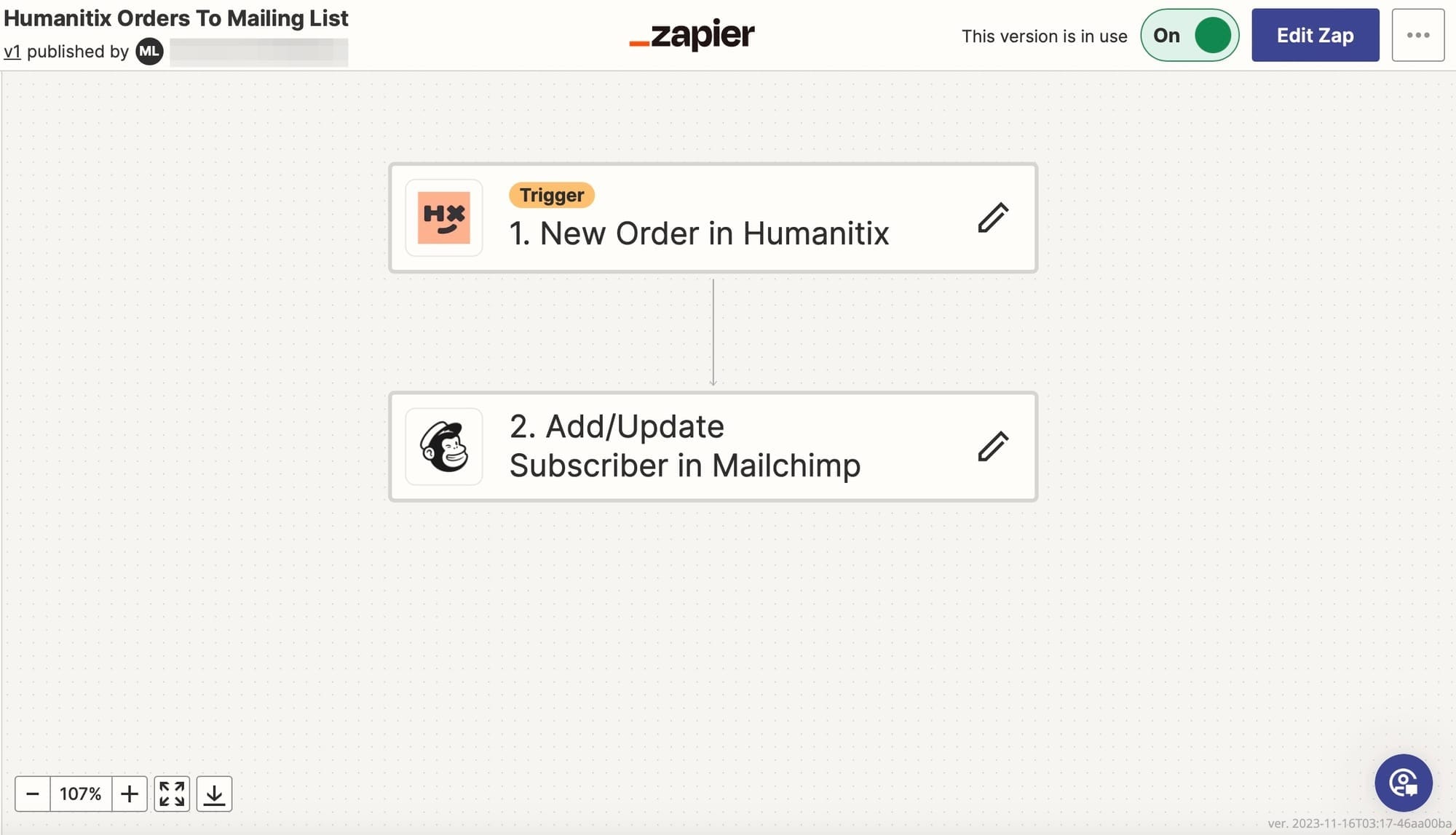 Screenshot of a automation on Zapier. The trigger ‘new order on Humanitix’ autimates the action ‘add/update subscriber in Mailchimp’. 