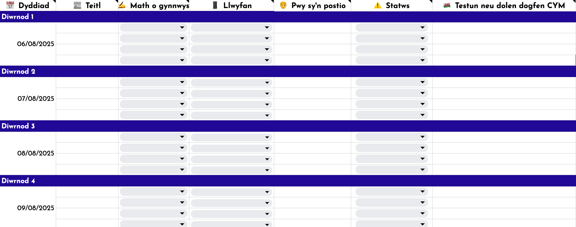 Sgrin-lun o adran calendr cynnwys y pecyn cymorth ymgyrch.
