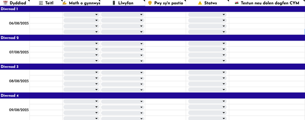 Sgrin-lun o adran calendr cynnwys y pecyn cymorth ymgyrch.